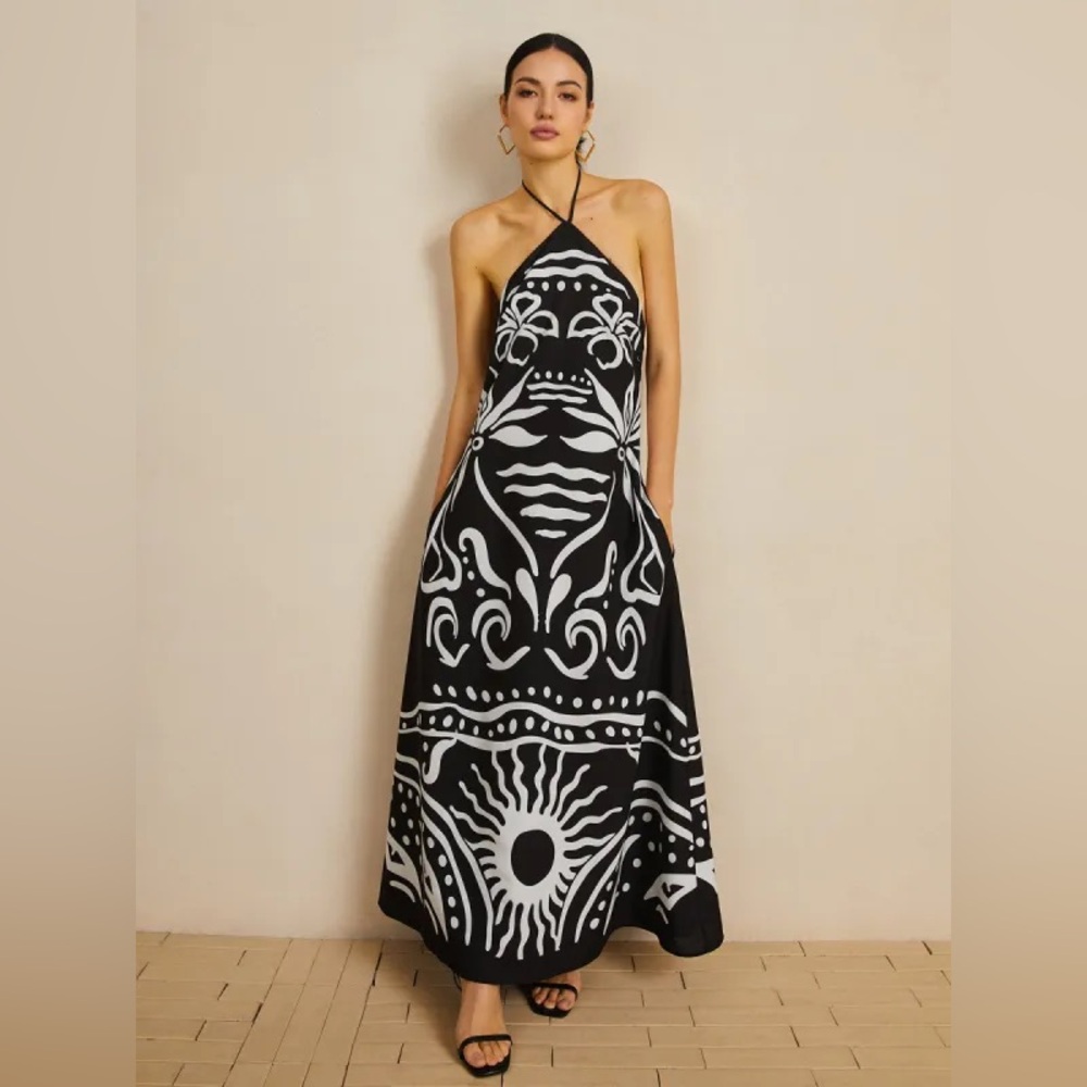 CALA DE LA CRUZ ✨ NEW ✨ Large Luna Printed Halter Midi Dress. Monochrome